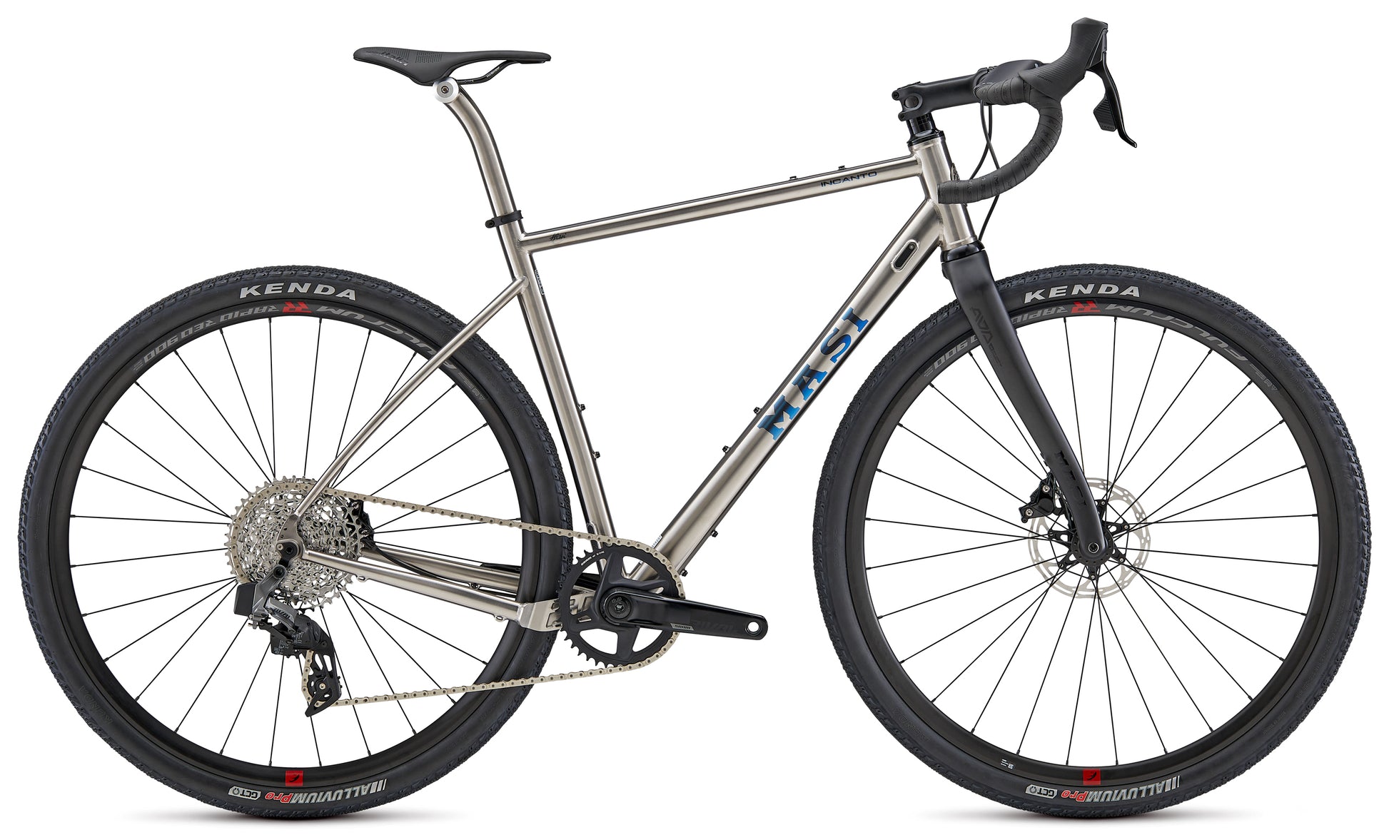 The INCANTO RIVAL AXS by Masi Bikes, a silver and black road bike, features Coefficient handlebars, disc brakes for improved aerodynamics, a sleek frame with large Kenda tires, and a detailed gear system. Its modern design stands out against the white background.