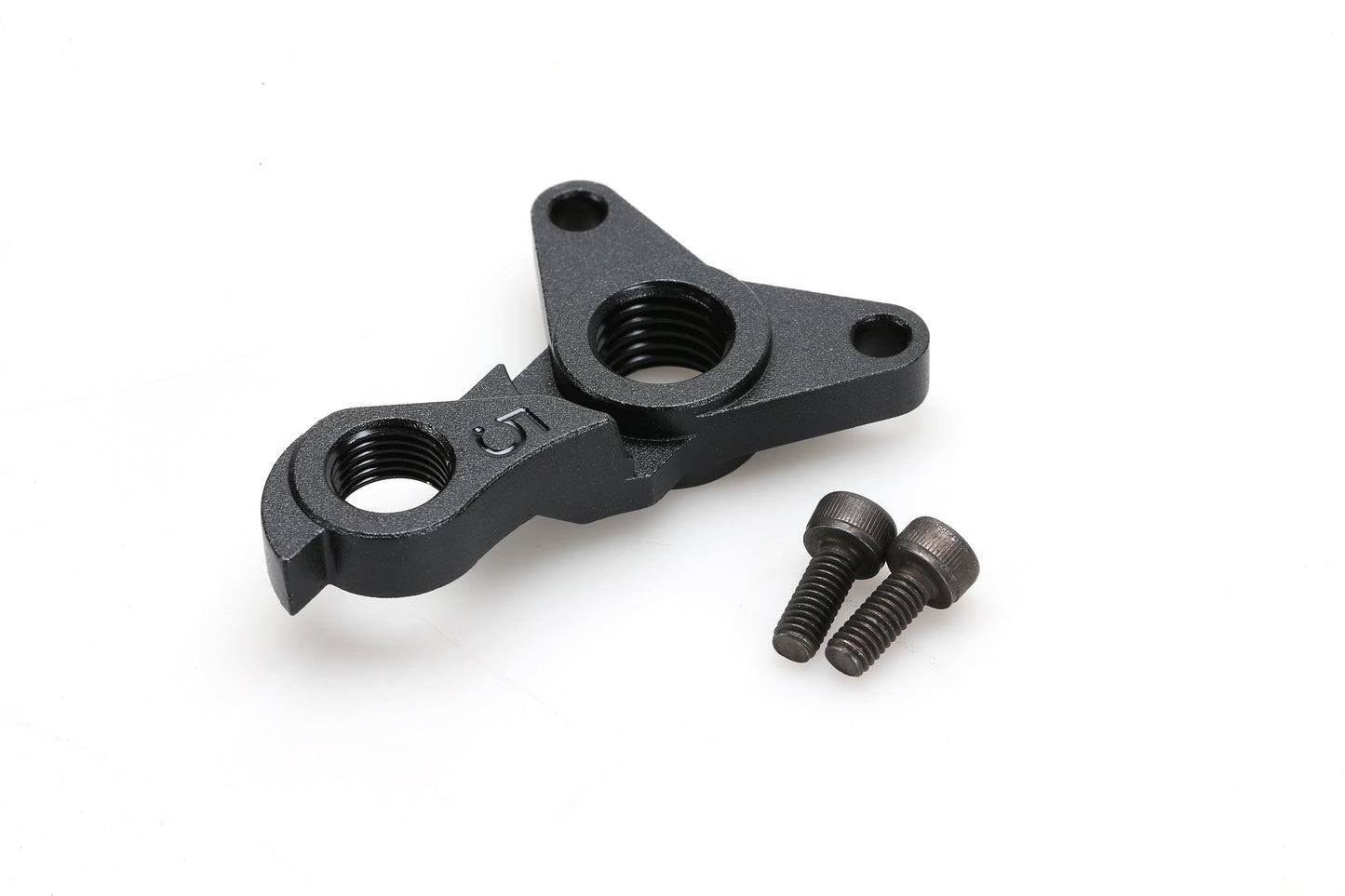 The HANGER MASI TAVOLO by Masi Bikes is a black metal derailleur hanger, compatible with Tavolo GRX and Tiagra models, showcased on a white background with two black screws, featuring multiple threaded holes and a unique geometric design.