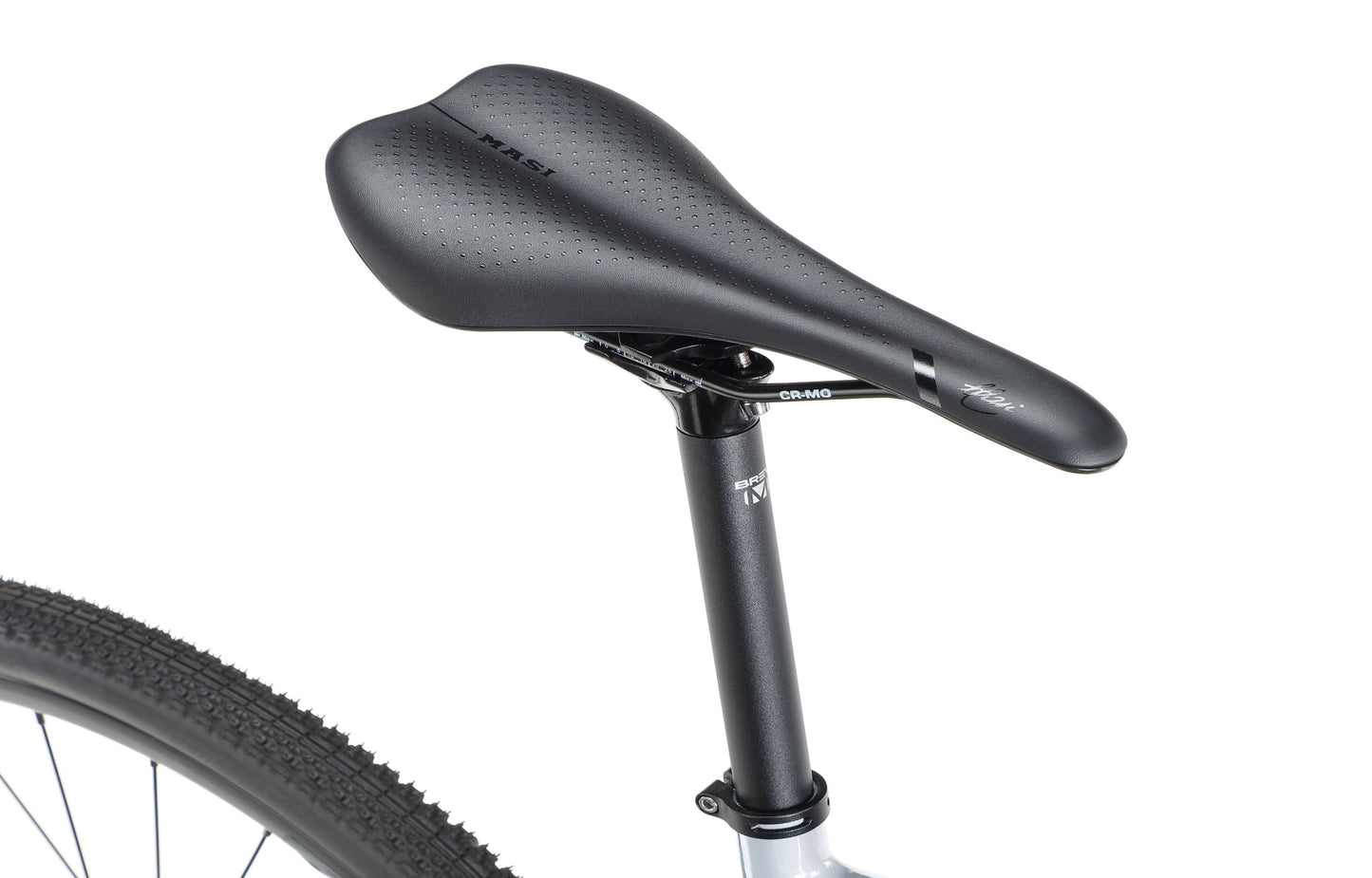 BRUNELLO 1 black saddle on a bike featuring a grey frame and textured tires, viewed from the side.