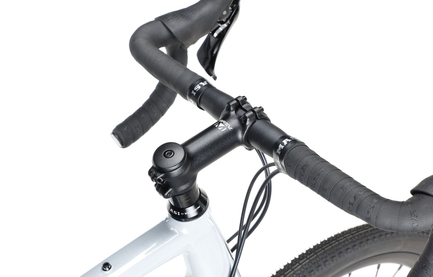 Close-up of BRUNELLO 1s black handlebars with integrated brake levers and black grips against a white background.