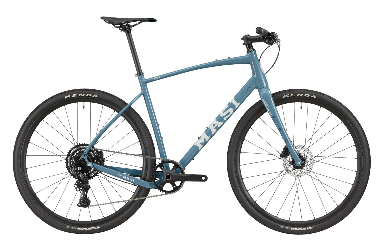 BRUNELLO 3: Blue bike with black handlebars, saddle, and tires. Features disc brakes, sleek frame, and MASI branding on body and rims.