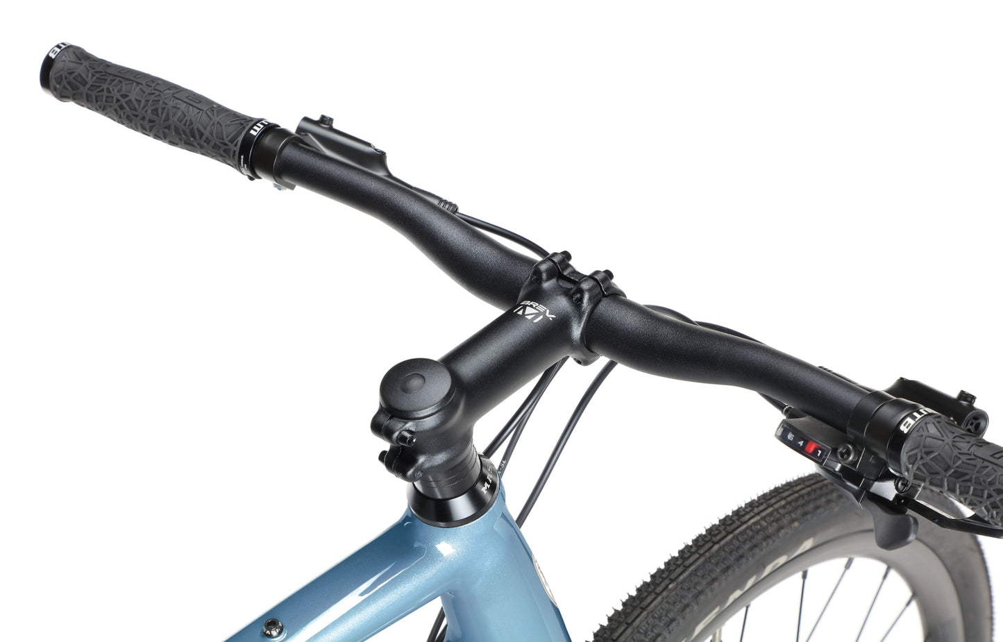 Close-up of BRUNELLO 3s blue handlebar with black grips, brake levers, and a front view of the wheel and frame.