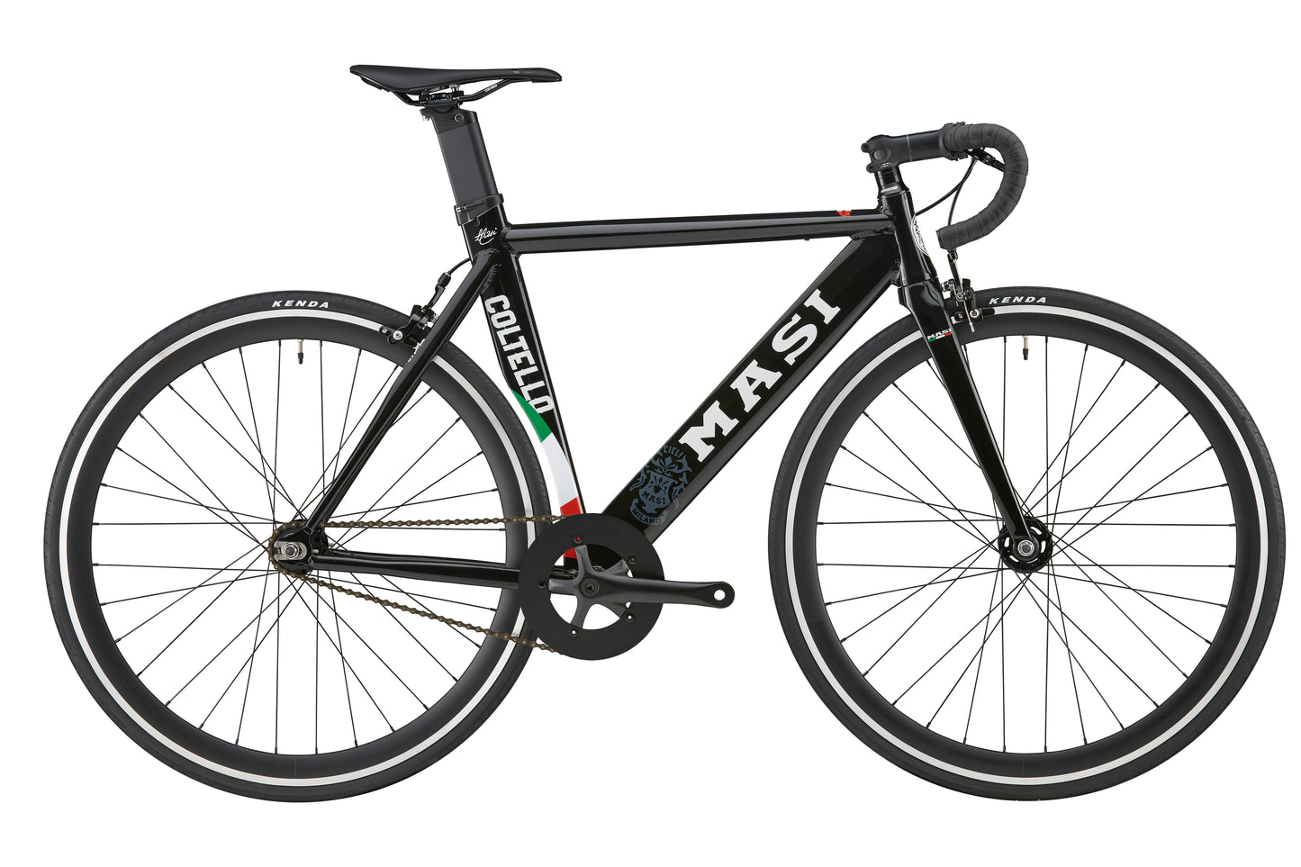 The Coltello Geometry is a black single-speed fixie with drop handlebars and thin tires, perfect for urban streets and minimalists.