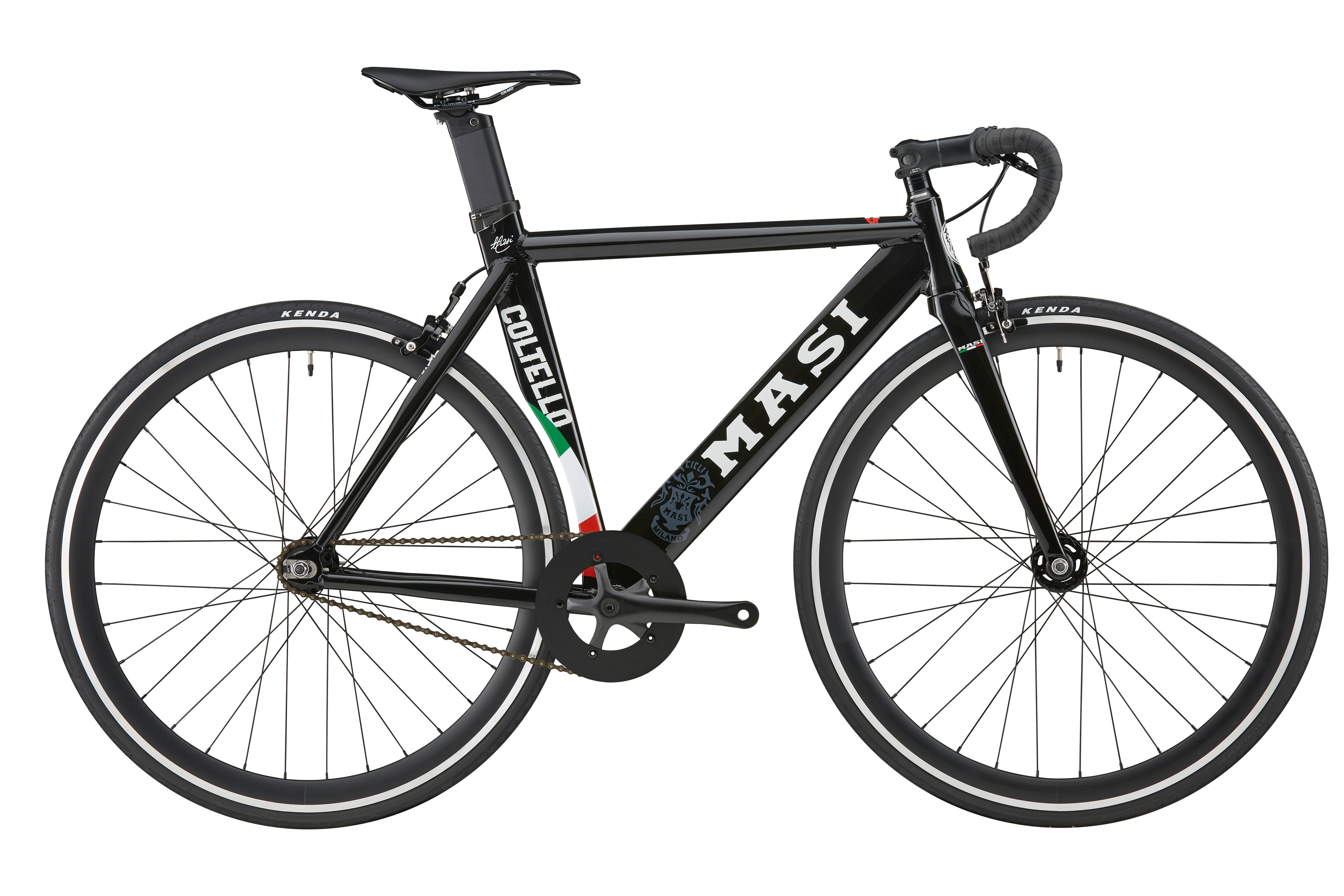 The Coltello Geometry is a black single-speed fixie with drop handlebars and thin tires, perfect for urban streets and minimalists.