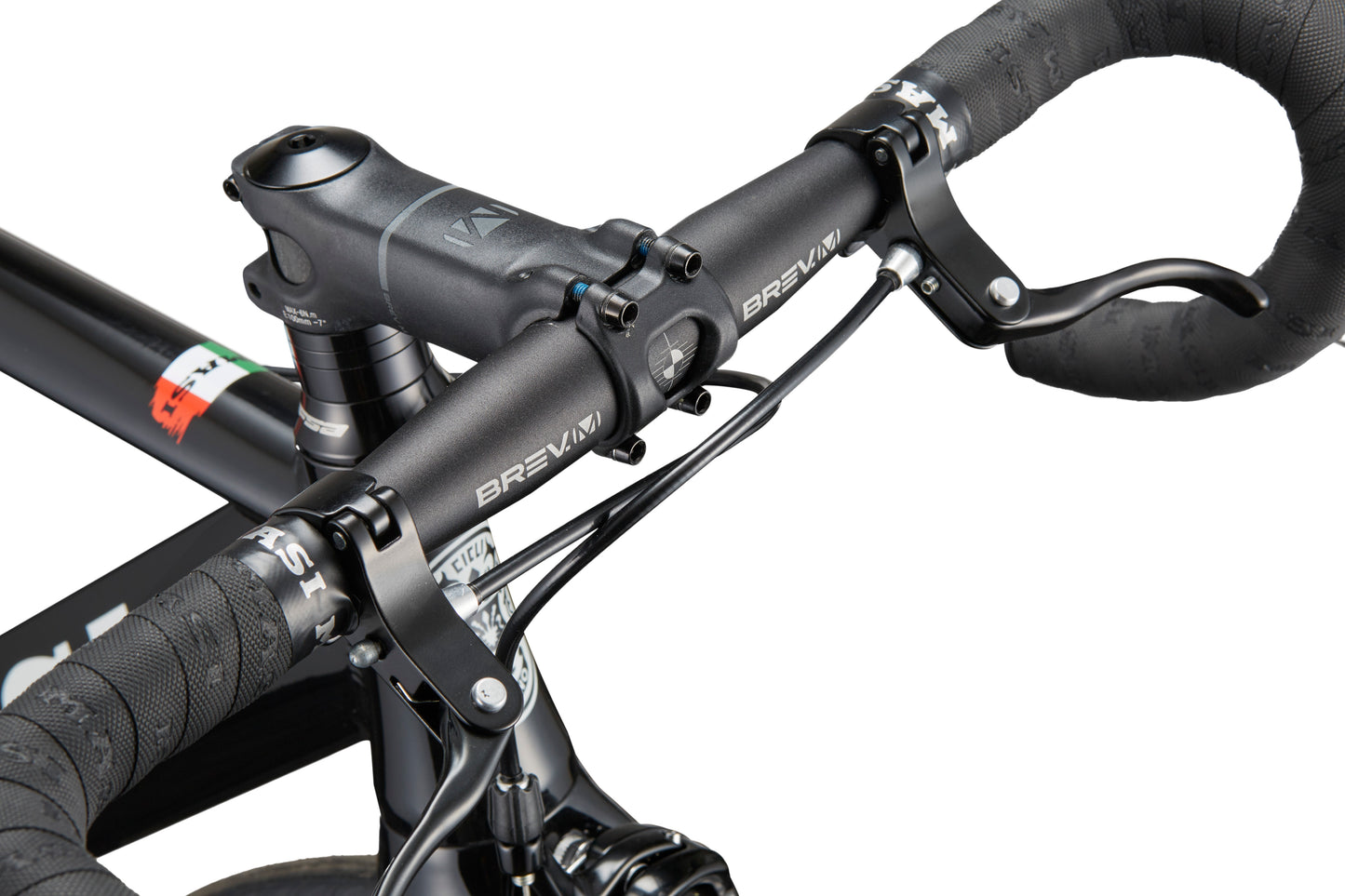 Close-up of Coltello Geometrys handlebars and brake levers with black bar tape—ideal for urban rides.