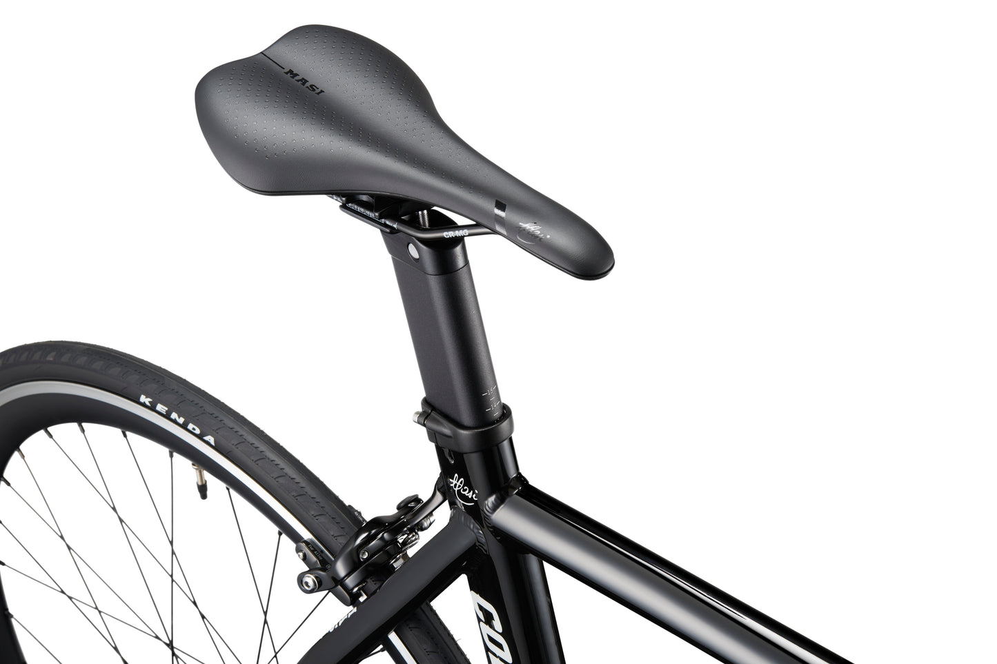 Close-up of the Coltello Geometrys black saddle and seat post, showcasing its minimalist single-speed design against a white background.