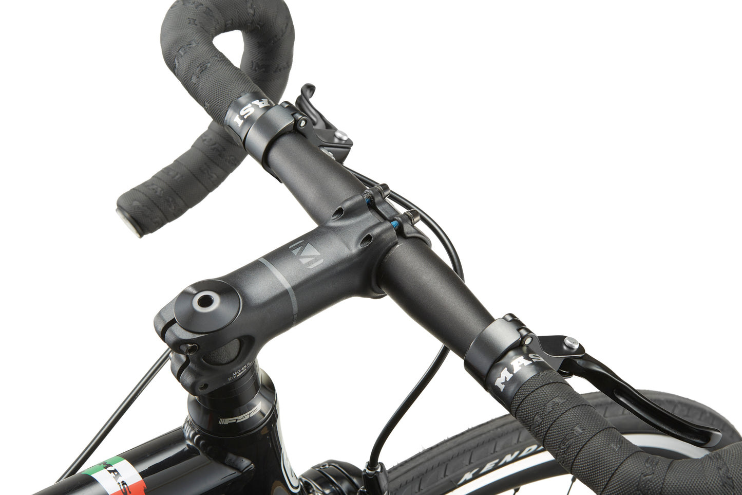 Close-up of Coltello Geometry’s handlebars, stem, and brake levers, highlighting minimalist design against a white background.