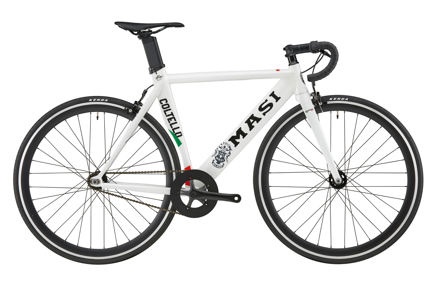 Coltello Geometry: sleek single-speed fixie with drop bars, black wheels, and minimalist style—ideal for city riding.