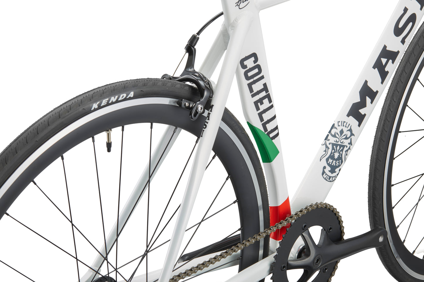 Close-up of Coltello Geometry fixies rear wheel, chain, and Italian flag-themed frame with minimalist brand logos.