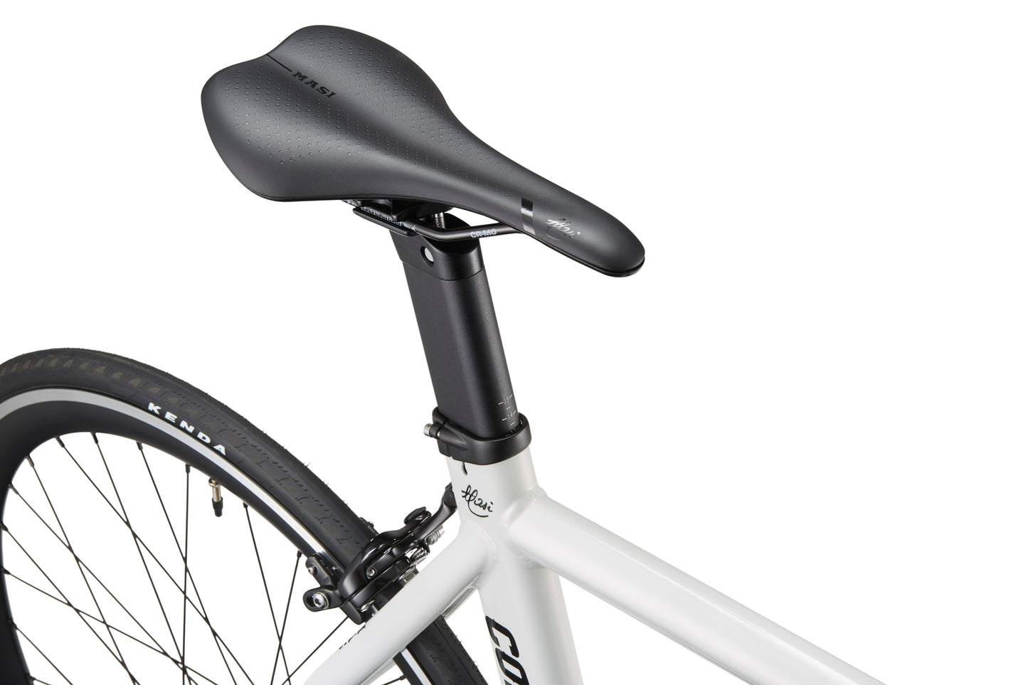 Close-up of a black seat and rear wheel on the Coltello Geometry single-speed fixie, highlighting its minimalist design and brakes.