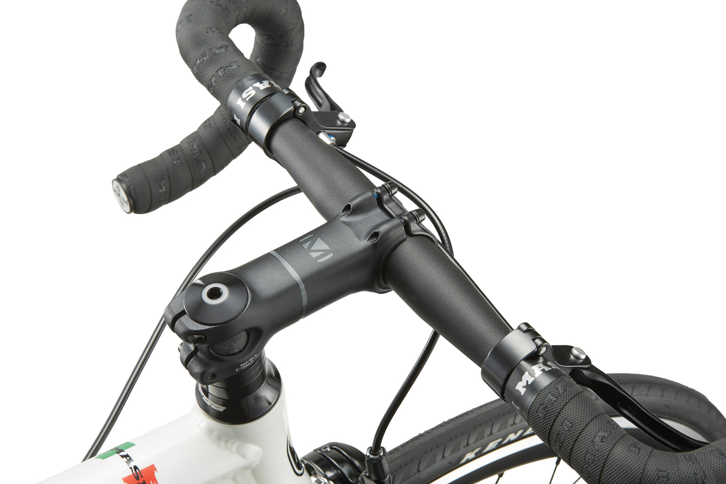 Close-up of Coltello Geometrys black handlebar and stem, showcasing its minimalist design against a white background.