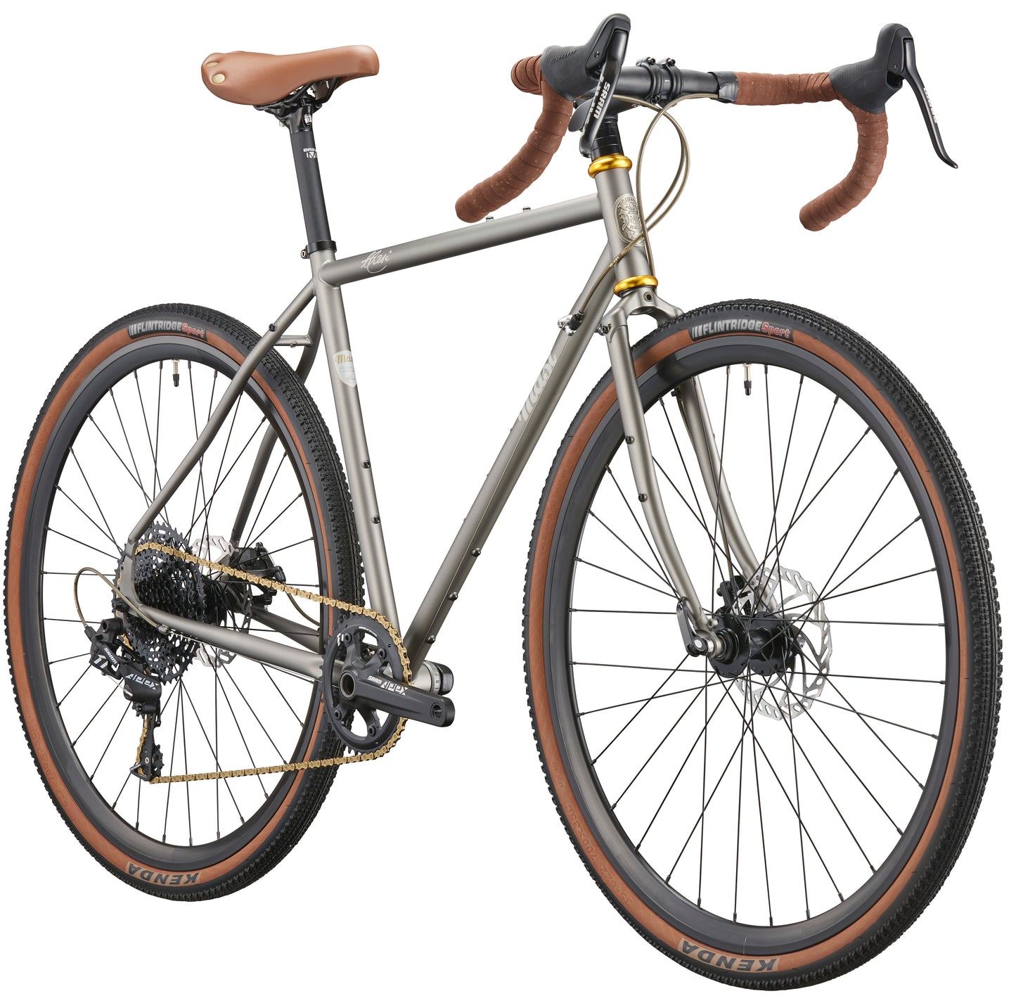 The CATALINA 1 is a gray chromoly gravel bike with drop bars, brown leather saddle, and knobby tires, shown from the rear.