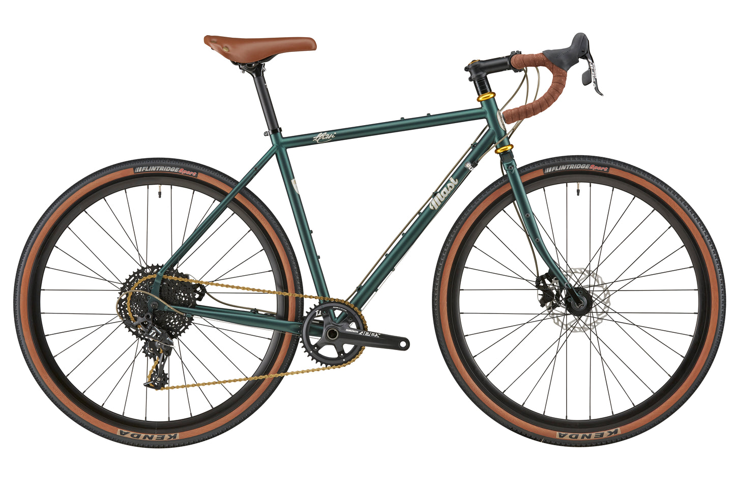 CATALINA 1 green gravel bike with chromoly frame, brown handlebars and saddle, black wheels, and brown Kenda tires.