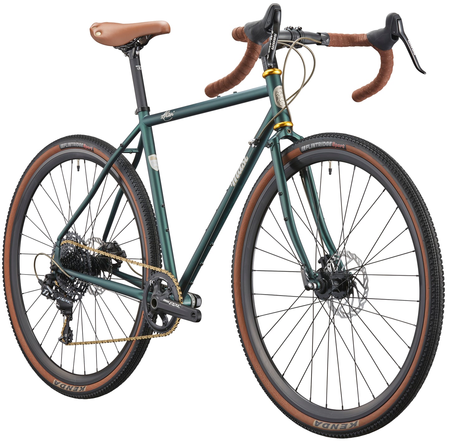 A green CATALINA 1 gravel bike with chromoly frame, brown saddle, and tan-walled tires, seen from the rear right side.