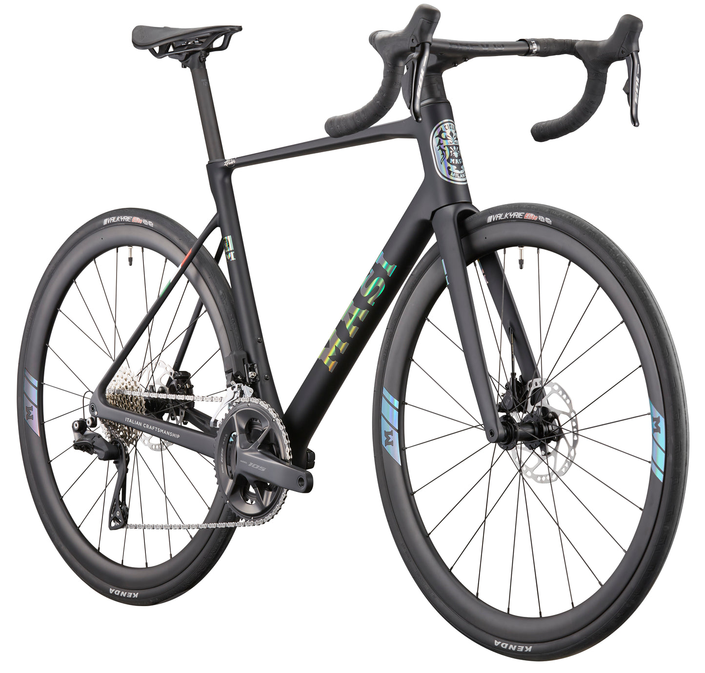 Matte black GRAN CORSA carbon road bike with drop bars, disc brakes, aero frame, and thin tires seen from a front-side angle.