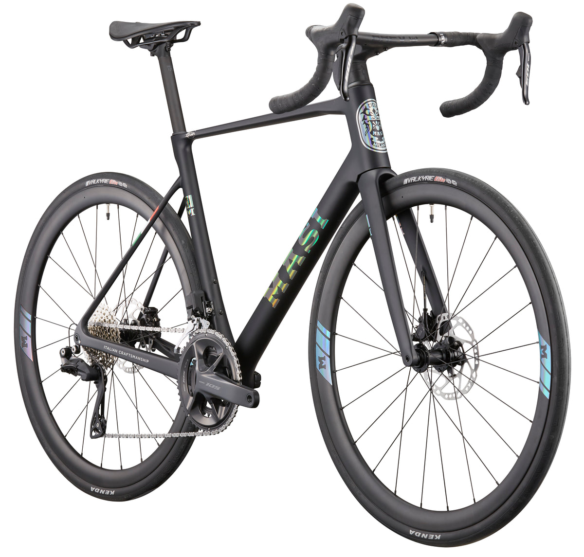 Matte black GRAN CORSA carbon road bike with drop bars, disc brakes, aero frame, and thin tires seen from a front-side angle.