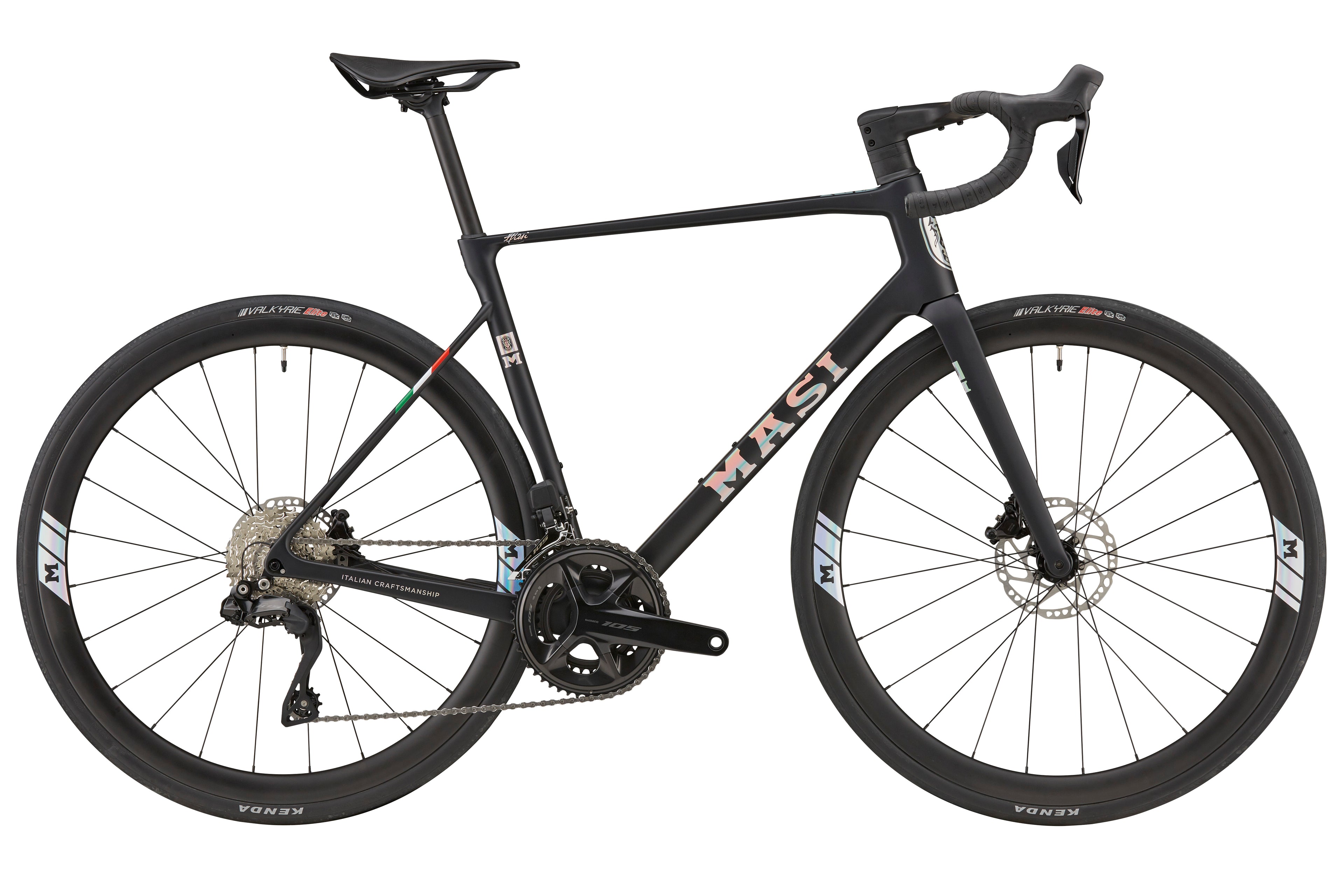 The GRAN CORSA carbon road bike, black with drop handlebars and thin tires, is shown in side profile on a white background.