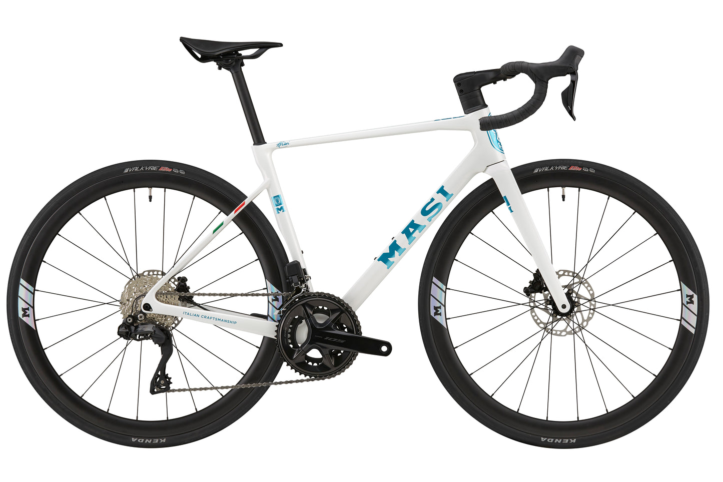 White GRAN CORSA carbon road bike with black wheels, drop handlebars, and blue MAST logo on the frame, shown from the side.