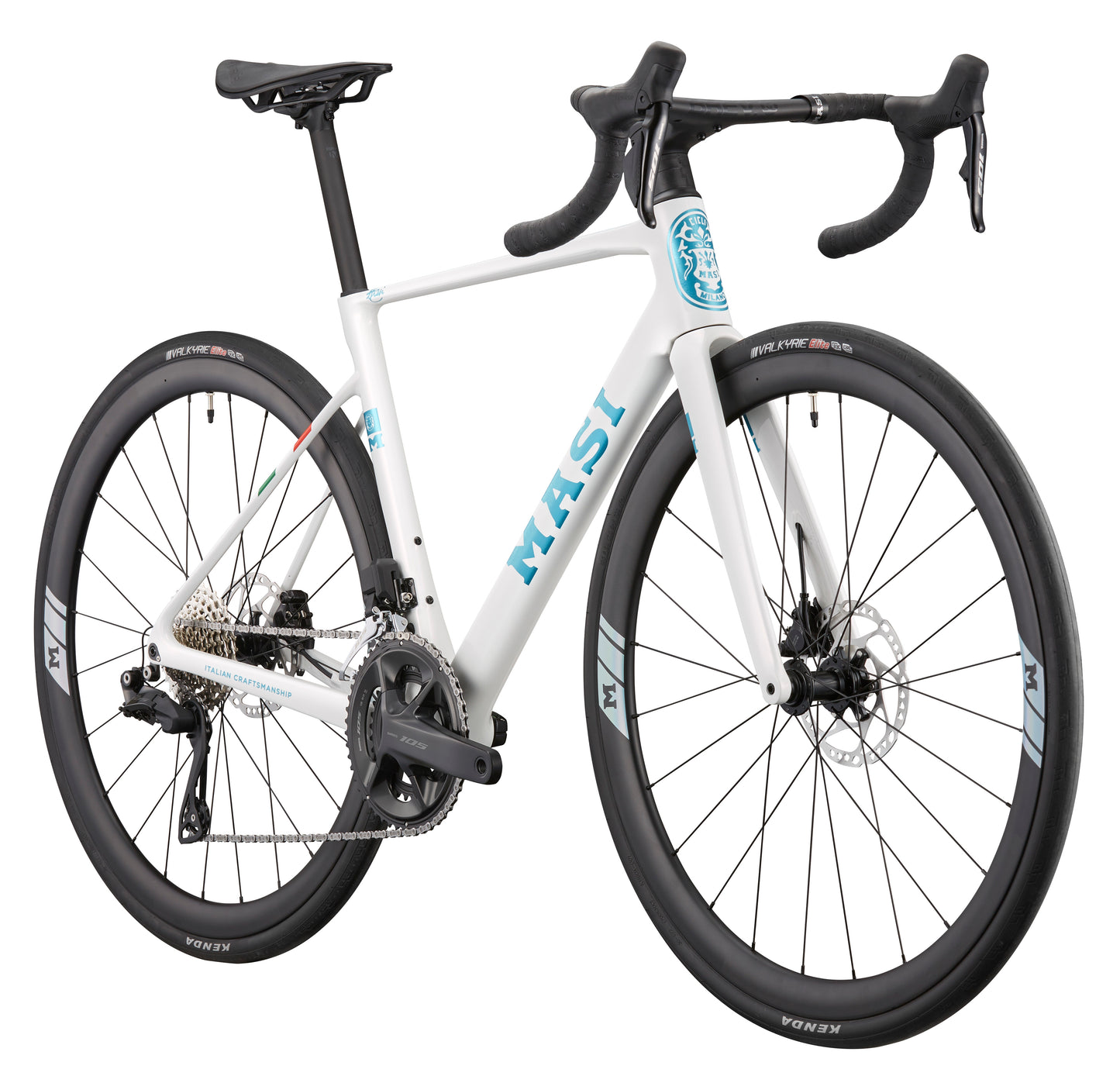 White GRAN CORSA carbon road bike with drop handlebars, black wheels, and GRAN CORSA branding, rear side angle.