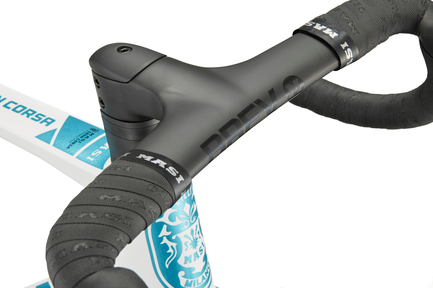 Close-up of a black handlebar and stem with branding on a white and teal GRAN CORSA carbon road bike frame.