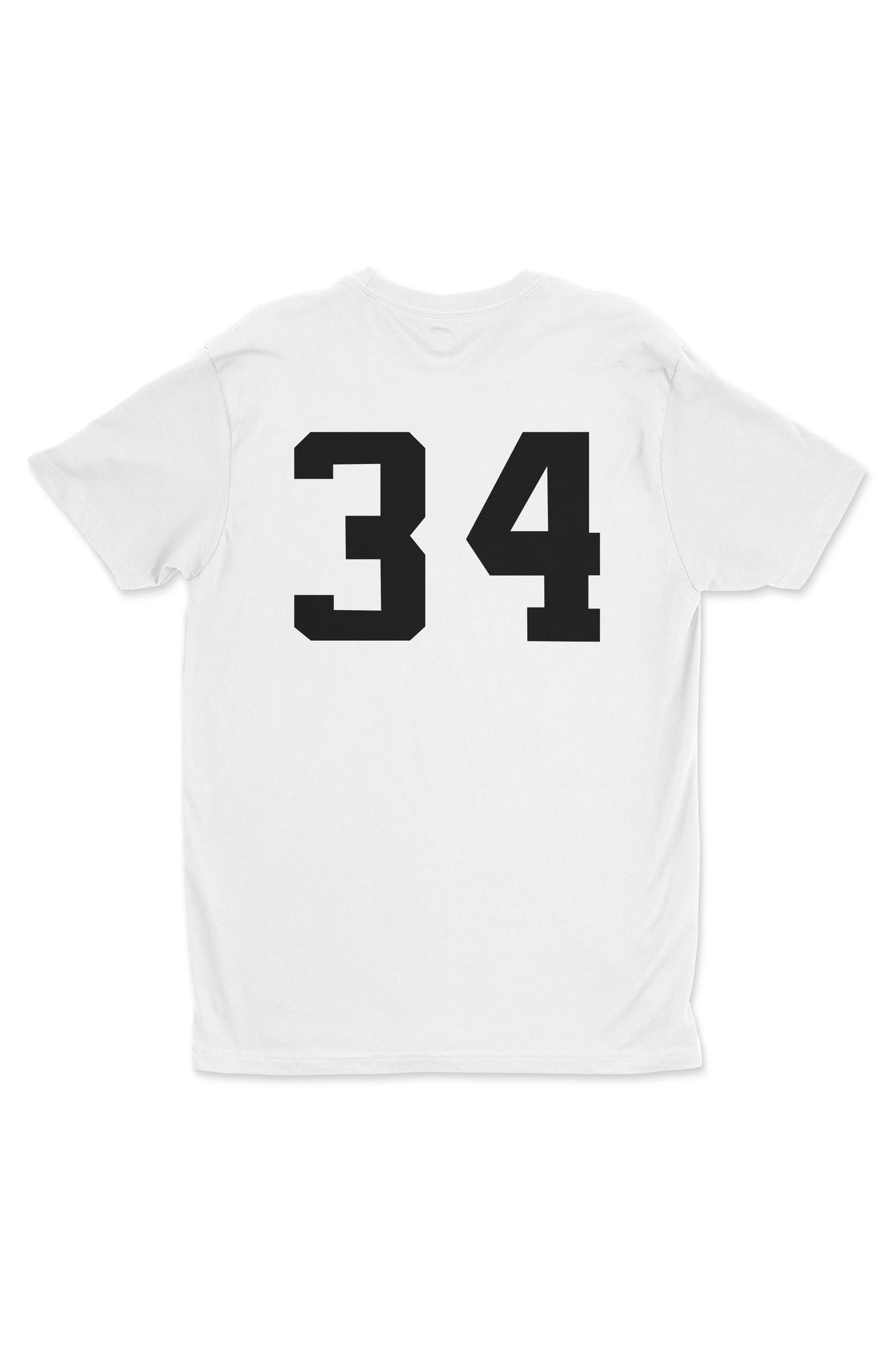 The MASI CUTTERS by Masi Bikes is a premium white T-shirt crafted from combed ring-spun cotton, featuring a fitted design with the number 34 printed in large black font on the back.