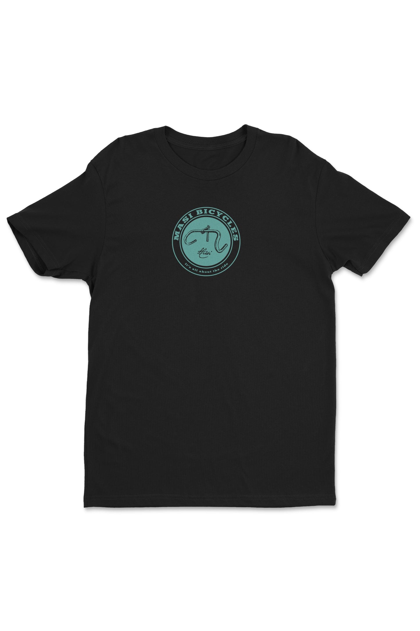 The MASI HANDLE IT SHIRT by Masi Bikes is a black t-shirt with a teal circular logo on the chest, showcasing Fast Bicycles around a kangaroo riding a bicycle.