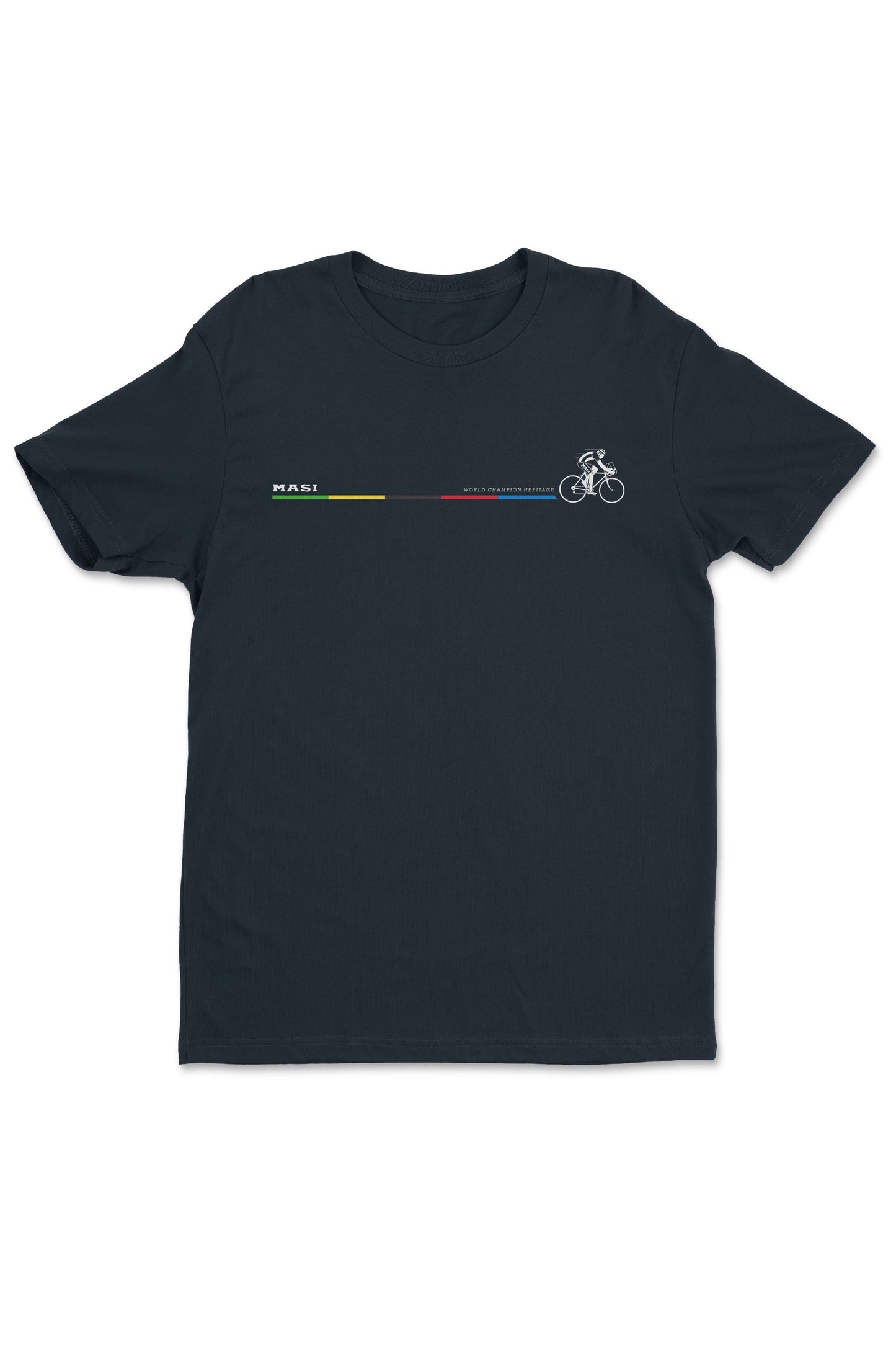 The MASI HERITAGE SHIRT by Masi Bikes is a dark heathered navy T-shirt showcasing a minimalist bicycle design with MASH. It features a linear pattern in green, yellow, red, and blue segments beside the bike illustration for a vintage feel.
