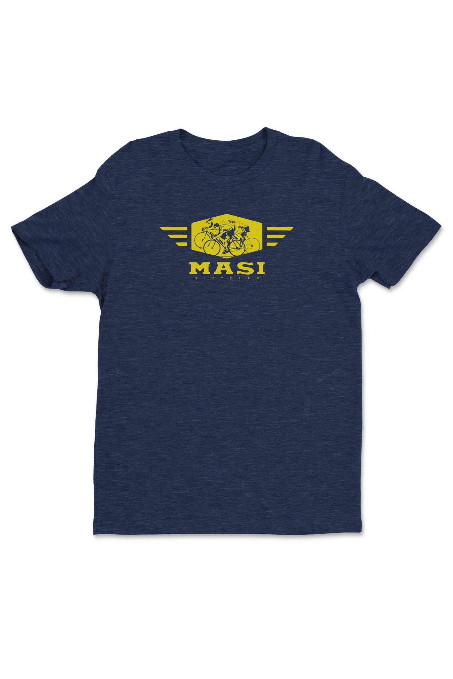 Dark blue MASI PELETON SHIRT by Masi Bikes featuring a yellow graphic of a winged bicycle with MASI underneath.