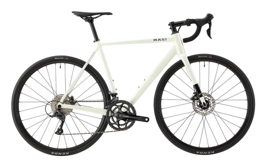 The sleek white VINCERE 4 racing bike boasts a streamlined alloy frame, drop handlebars, disc brakes, and black tires with visible gears.