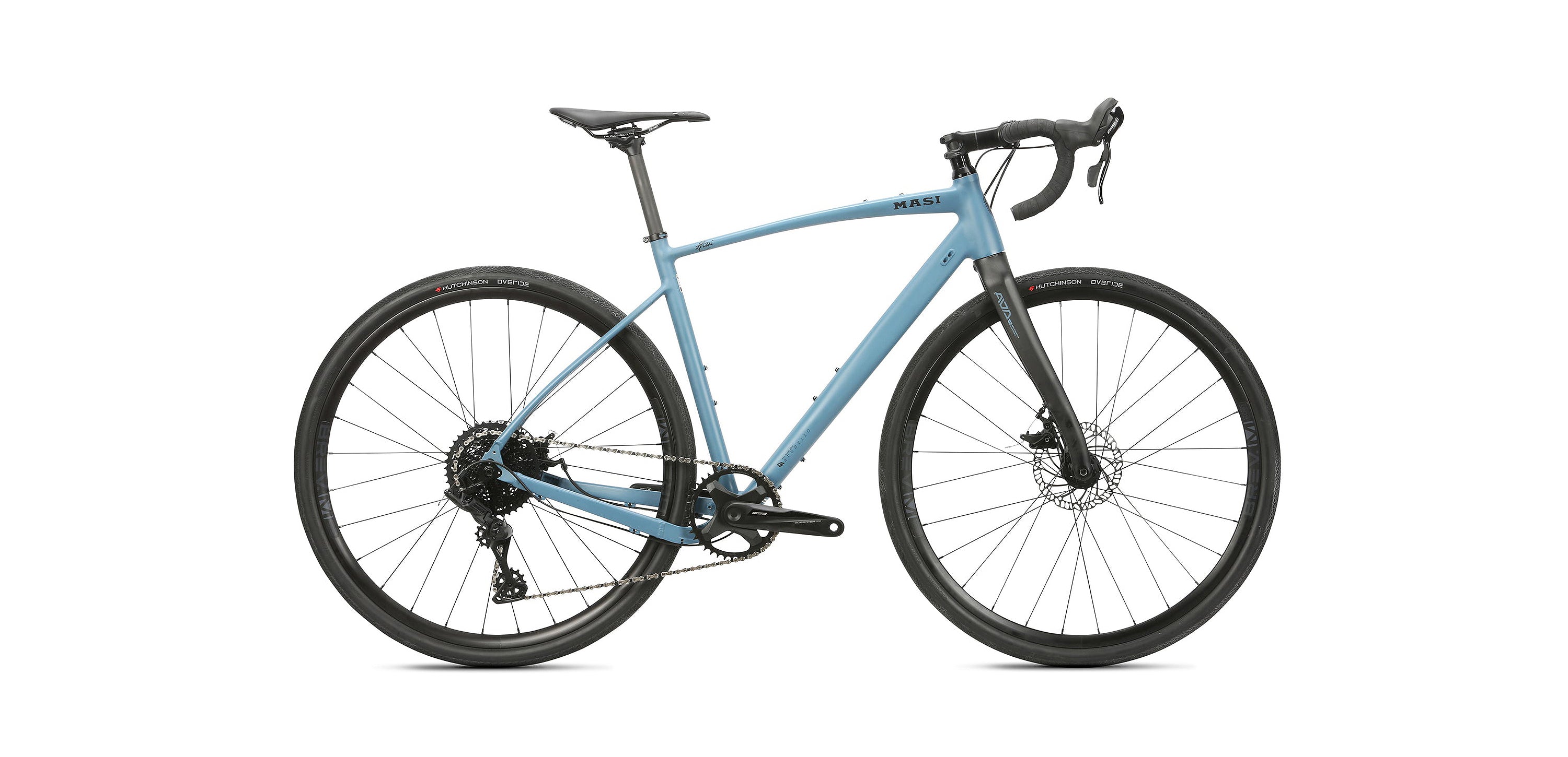 A sleek light blue road bike with black handlebars, thin tires, and a minimalist frame, shown in side profile against a white background.