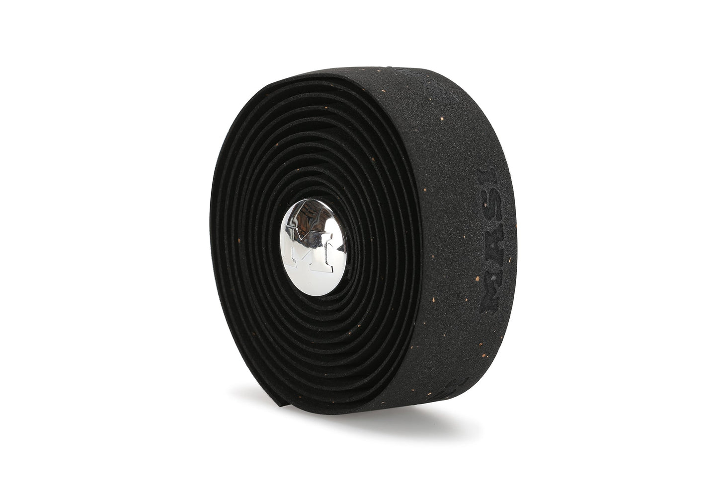 A roll of MASI CORK TAPE by Masi Bikes in black with speckled texture, coiled neatly with a reflective silver end cap.