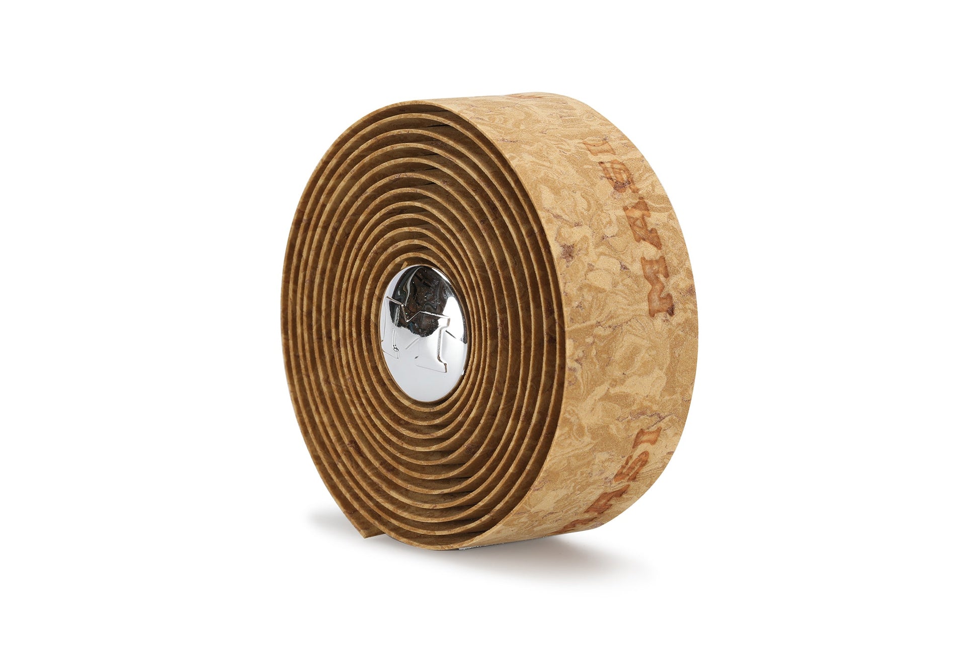 A tightly rolled MASI CORK TAPE by Masi Bikes, this cork-colored, textured bicycle handlebar tape features a shiny metallic logo cap in the center with the brand name printed in red, highlighting its flexible material.