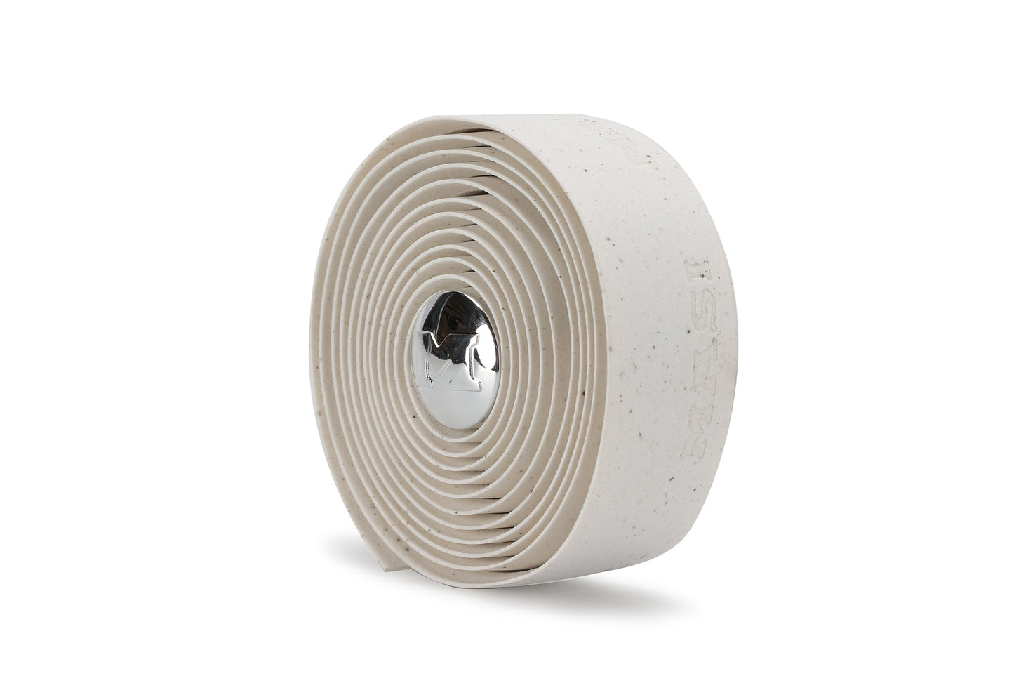The MASI CORK TAPE by Masi Bikes is a light beige handlebar tape with speckles, neatly rolled and featuring a shiny silver plug in the center.