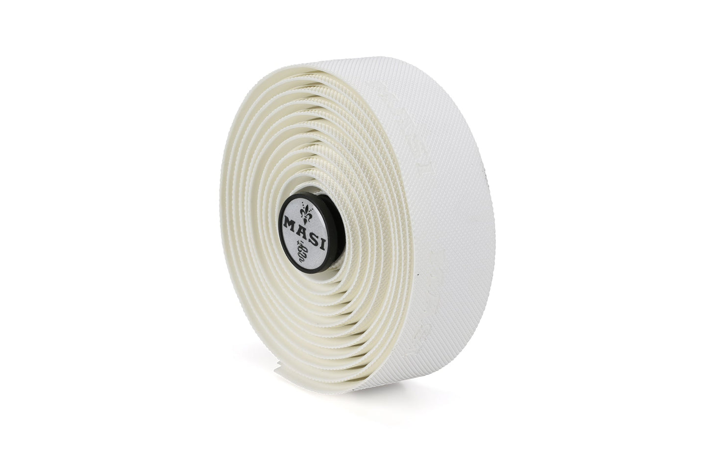 A white roll of MASI GRIPPER TAPE from Masi Bikes, featuring a textured surface and the brand name visible on the circular core, is neatly coiled in concentric circles.