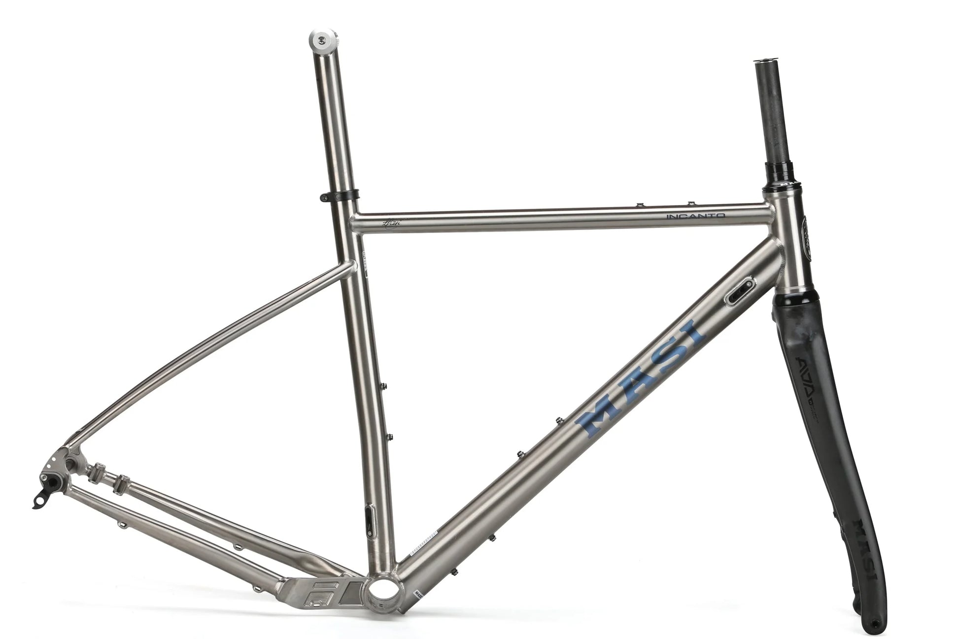The INCANTO Ti FRAMESET by Masi Bikes is a sleek, silver frame made from 3AL/2.5V titanium tubing with a black fork. Its minimalist design features blue lettering, perfect for gravel enthusiasts, and is set against a plain white background to highlight its refined elegance.