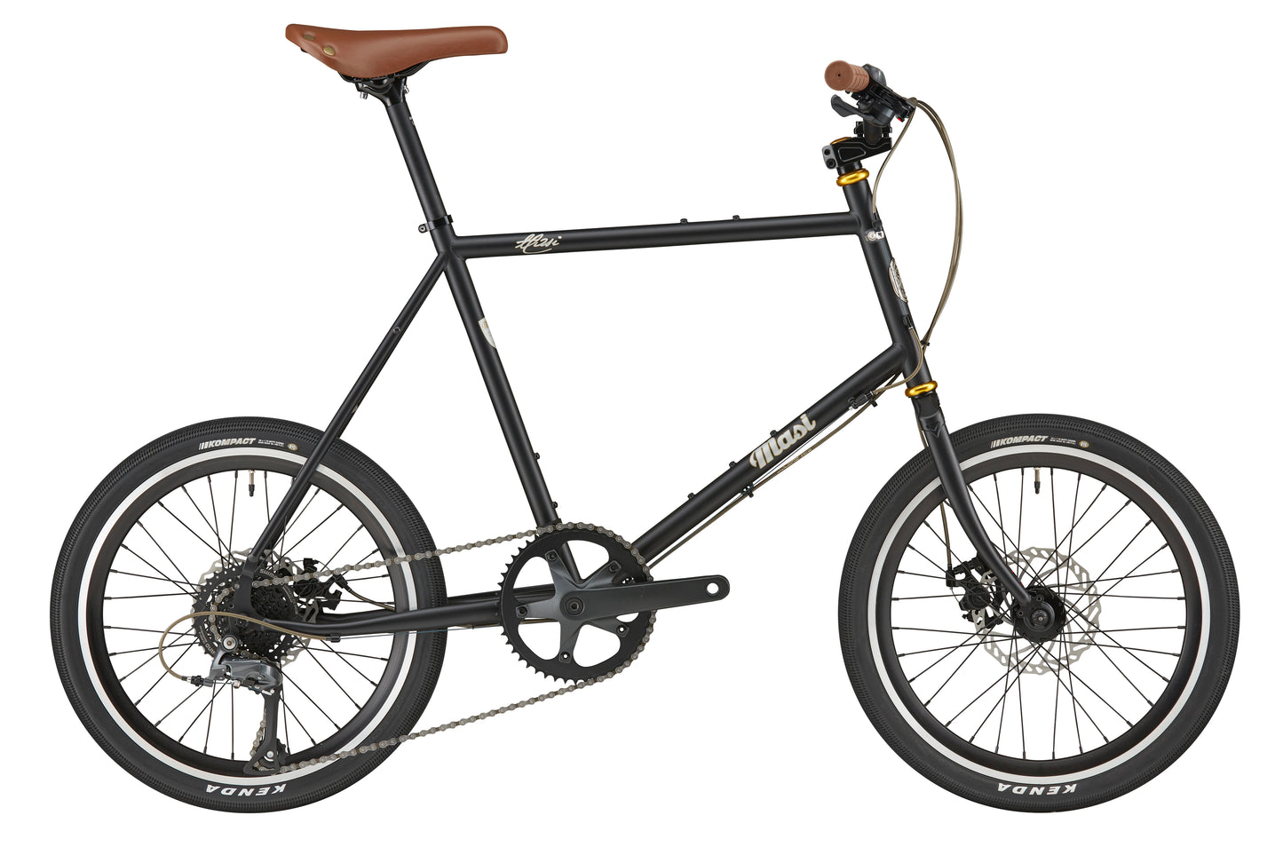 The STELVIO 3 is a black MiniVelo city bike with 20-inch wheels, brown saddle and grips, and straight handlebars.