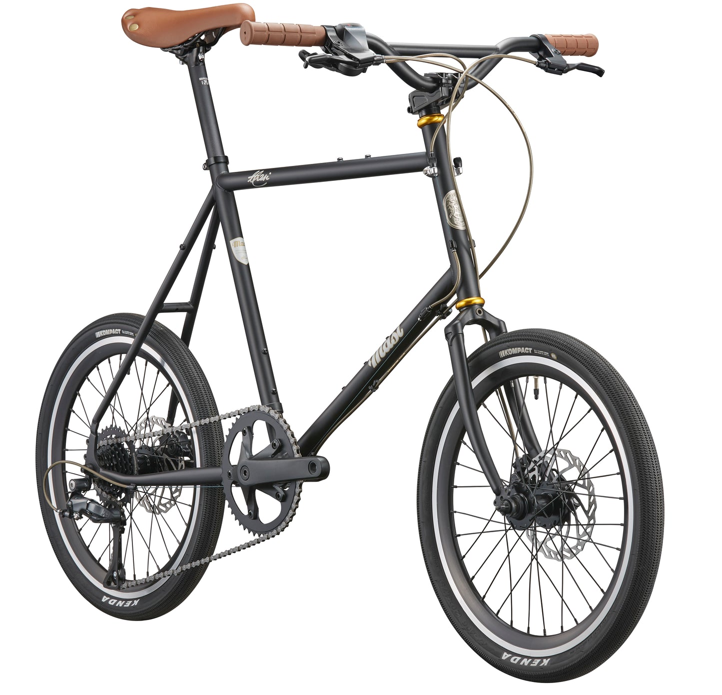The black STELVIO 3 MiniVelo city bike features brown handlebars and seat, small wheels, and disc brakes on a white background.