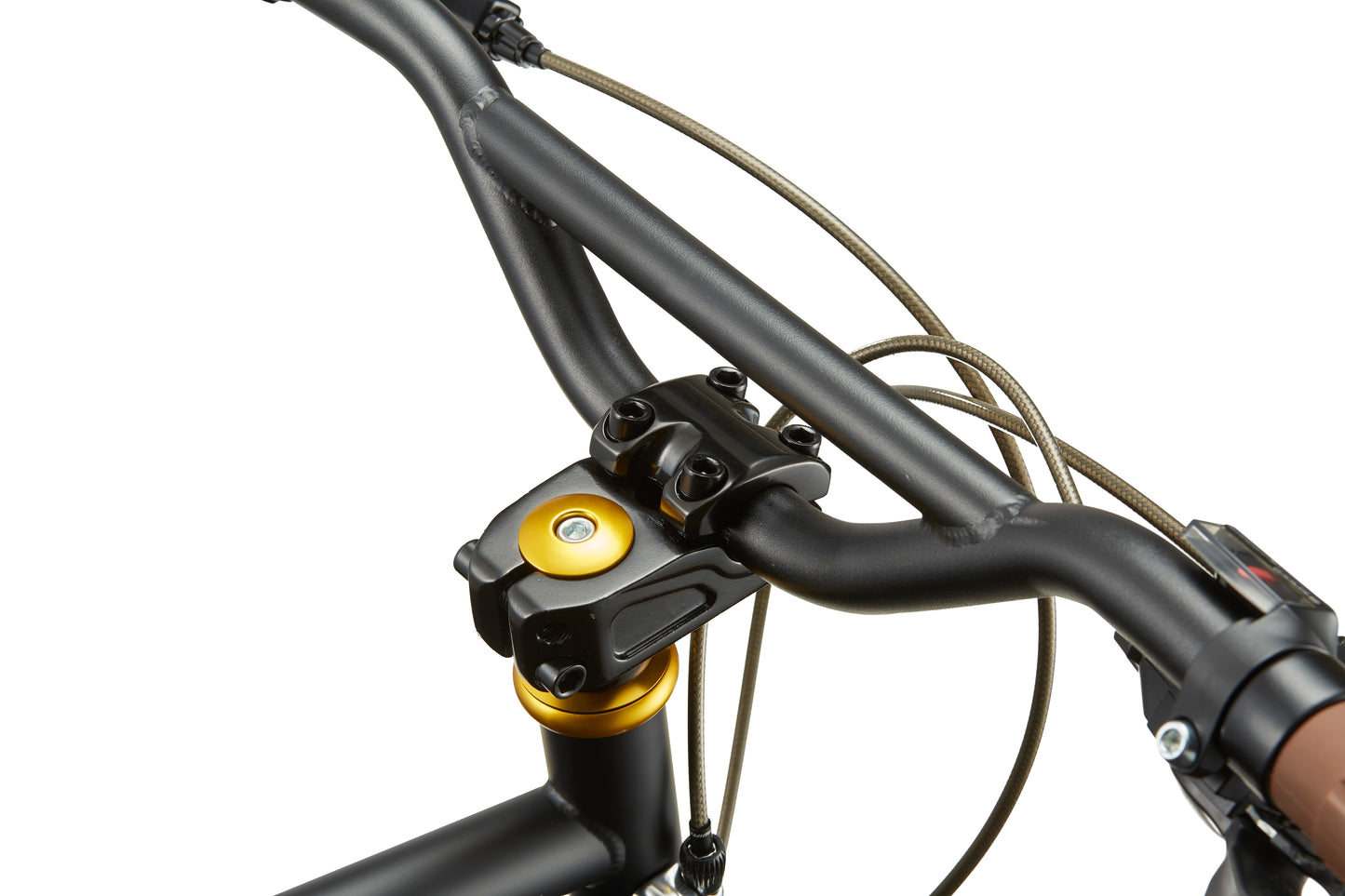 Close-up of STELVIO 3 MiniVelo’s black handlebar with gold stem details, highlighting urban style against a white background.