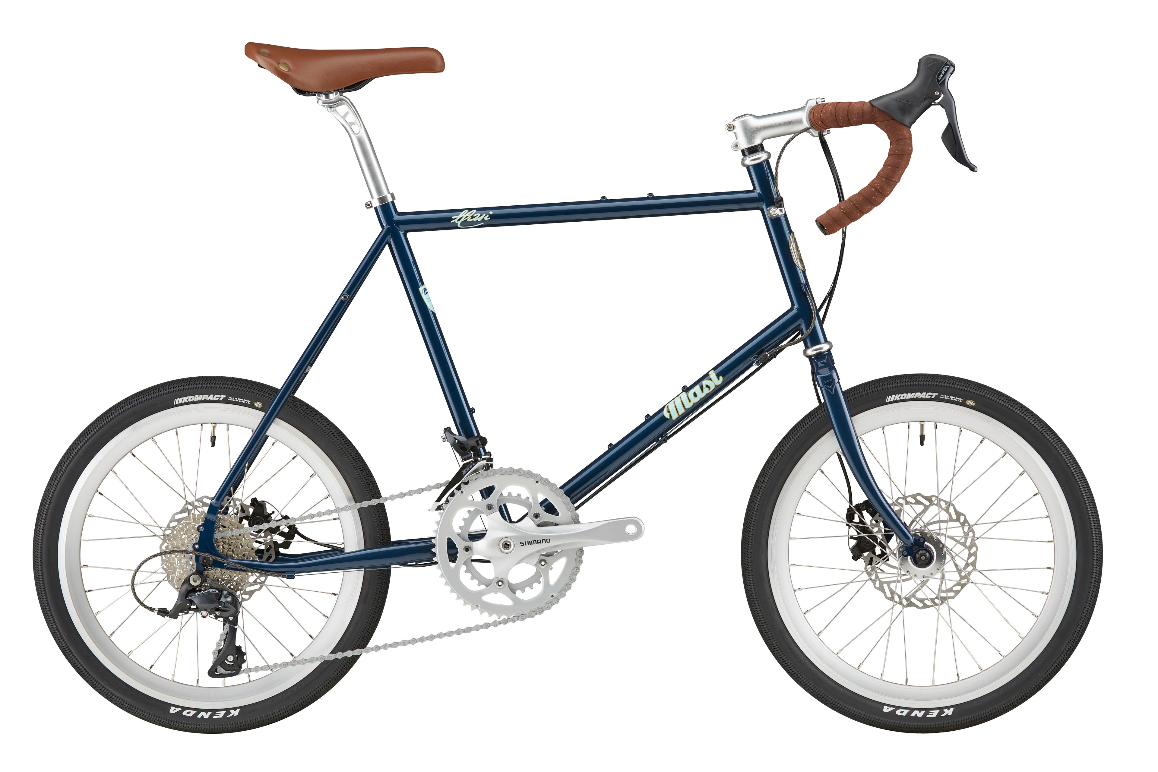 The STELVIO 1: an Italian-designed blue MiniVelo with small wheels, drop bars, and brown accents—perfect for urban rides.