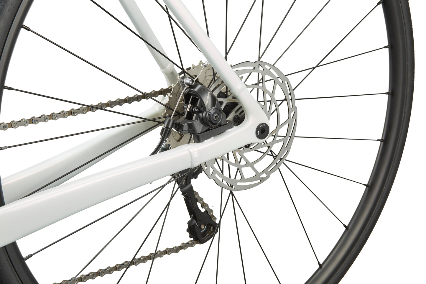 Close-up of VINCERE 3s rear wheel featuring a Shimano Tiagra disc brake and chain on an elegant Masi alloy frame against a white background.