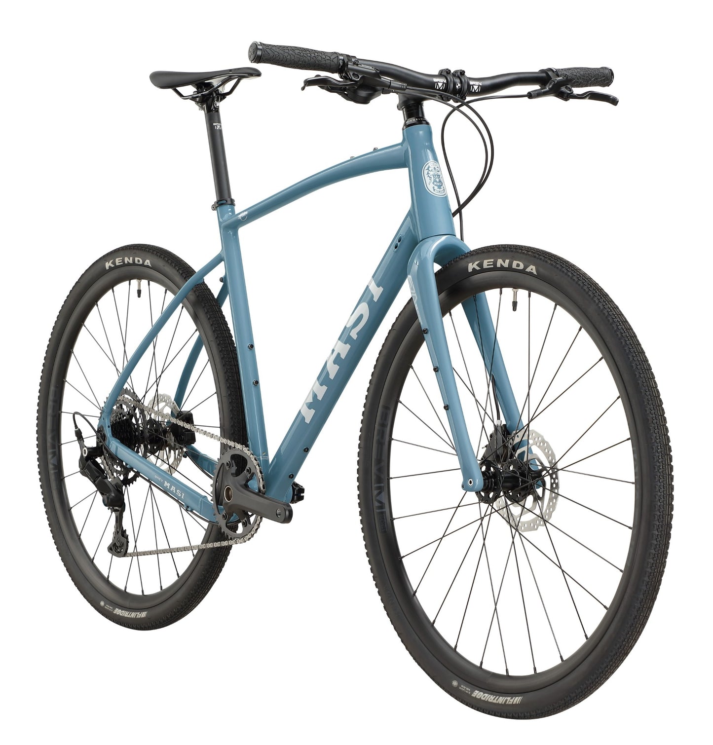 The BRUNELLO 3, a blue hybrid bike with alloy frame, disc brakes, flat bars, and Kenda tires, seen from front left.
