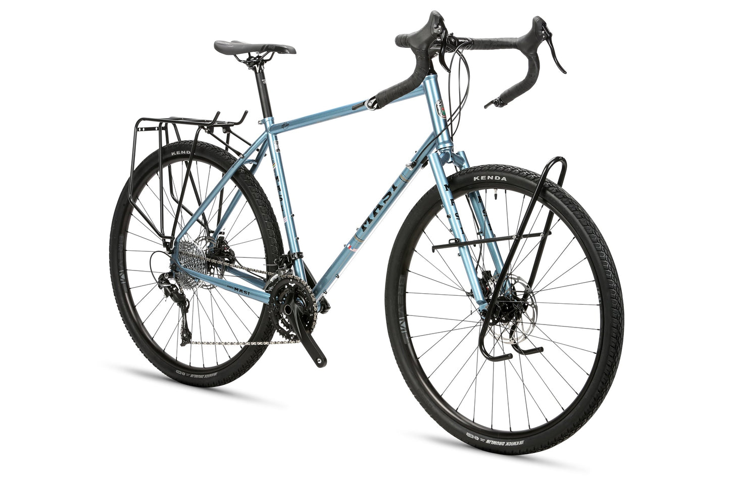 The Masi Bikes GIRAMONDO 700c touring bike boasts drop handlebars, front and back luggage racks, sturdy black Kenda tires, and disc brakes, making it ideal for long-distance adventures.