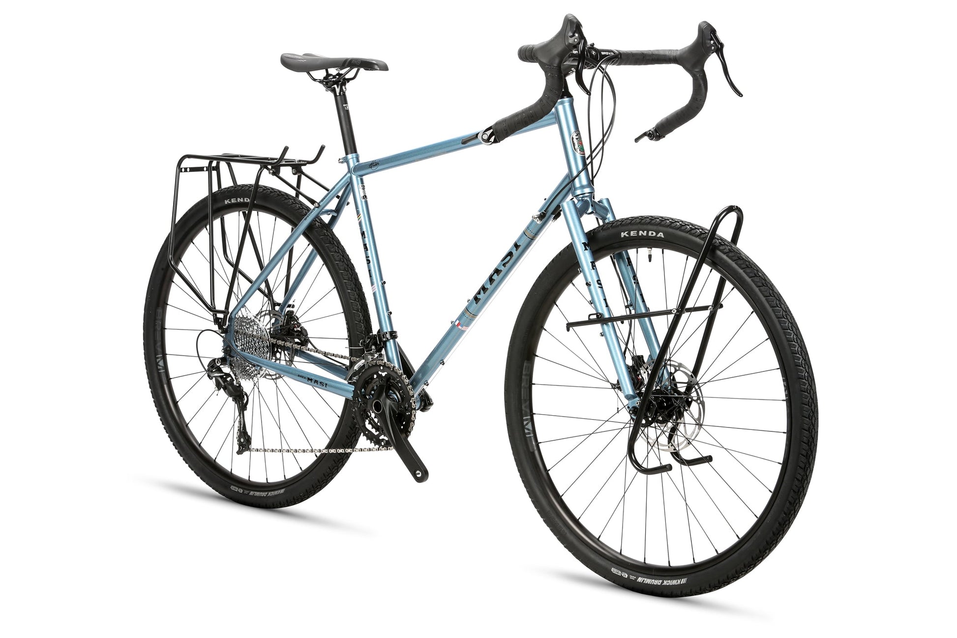 The Masi Bikes GIRAMONDO 700c touring bike boasts drop handlebars, front and back luggage racks, sturdy black Kenda tires, and disc brakes, making it ideal for long-distance adventures.