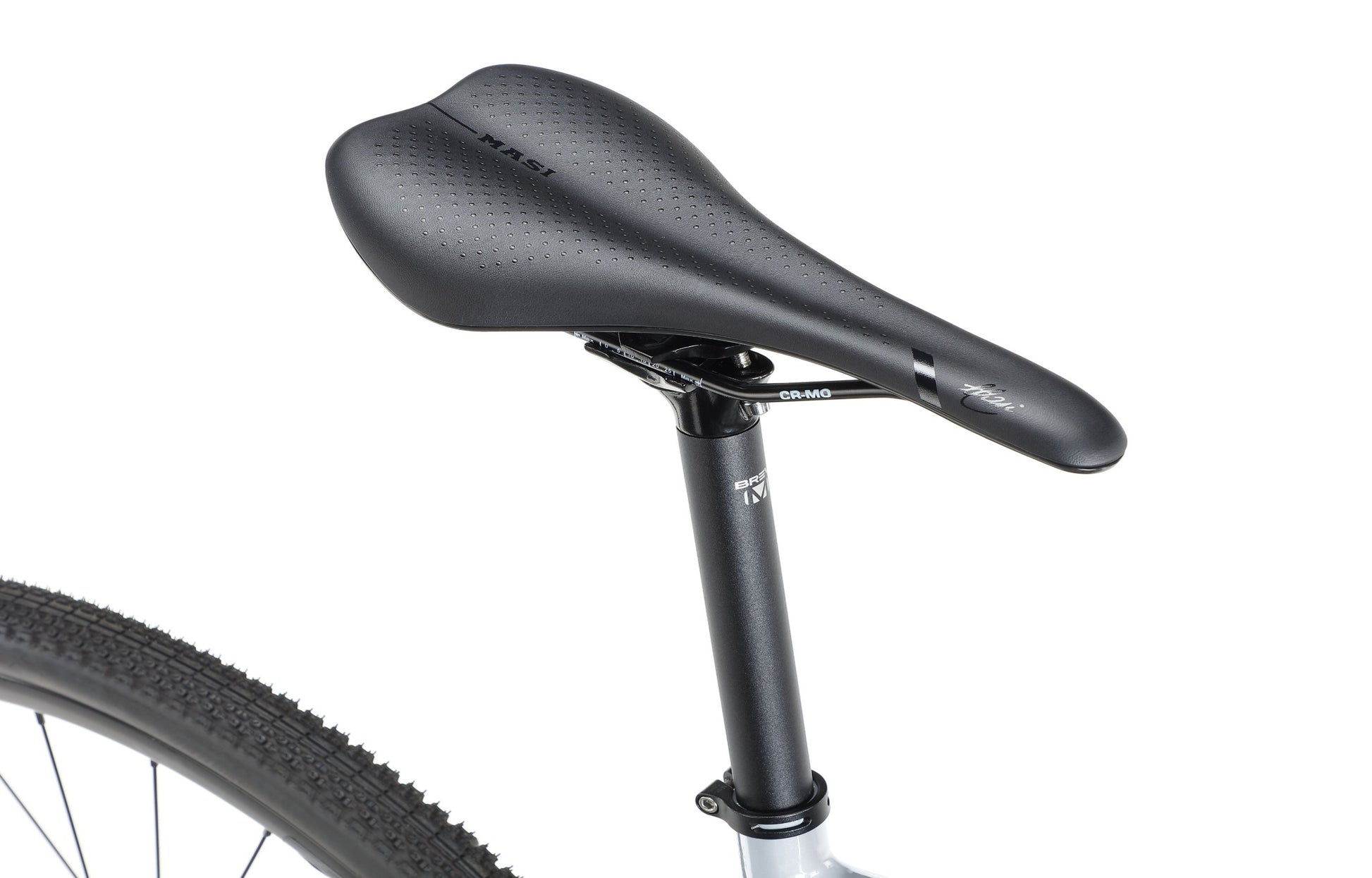 BRUNELLO 1 black saddle on a bike featuring a grey frame and textured tires, viewed from the side.