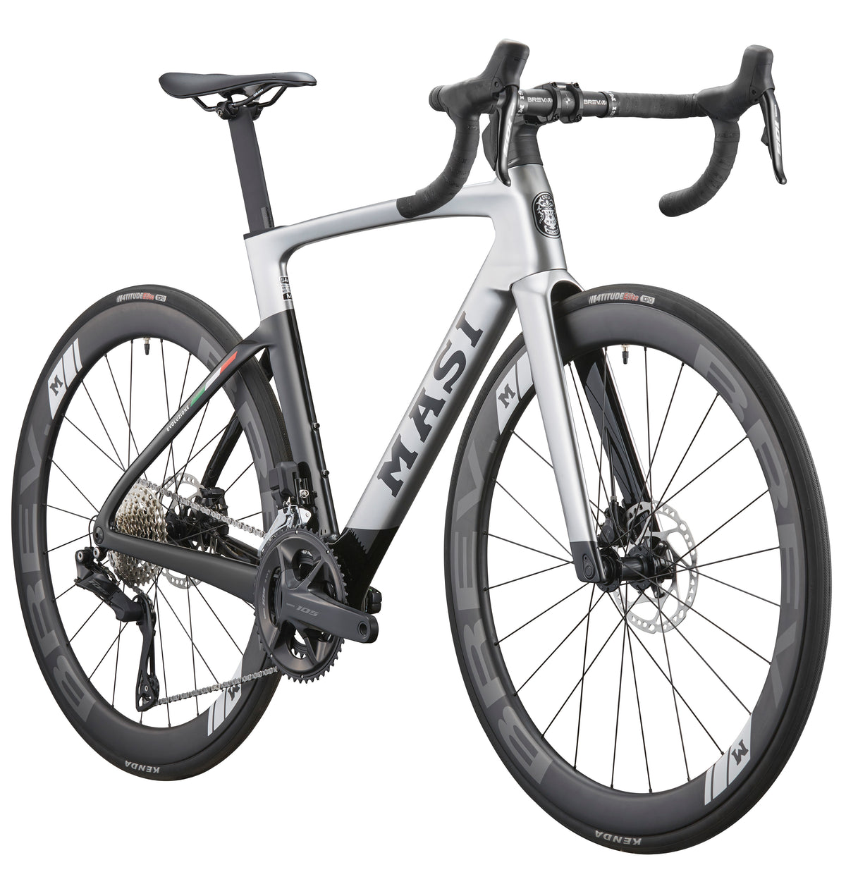 The sleek silver EVOLUZIONE 1 road bike features an aerodynamic design, streamlined frame, drop handlebars, and deep-section wheels.