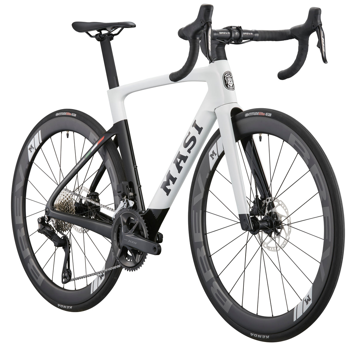 High-performance EVOLUZIONE 1 road bike with aerodynamic design, drop handlebars, deep-rimmed wheels, and MASI labeled on the frame.